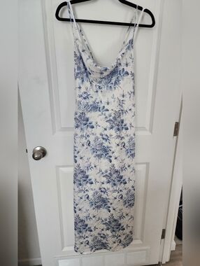 Blue Floral Slip Dress Fully Lined - White & Blue Spaghetti-Strap Midi By Cider